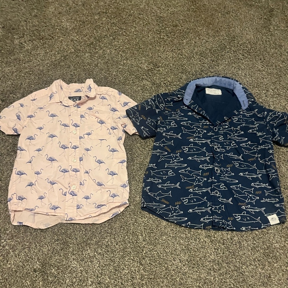 The Children's Place Pink Flamingo and Navy Shark Button Down Shirts 4T